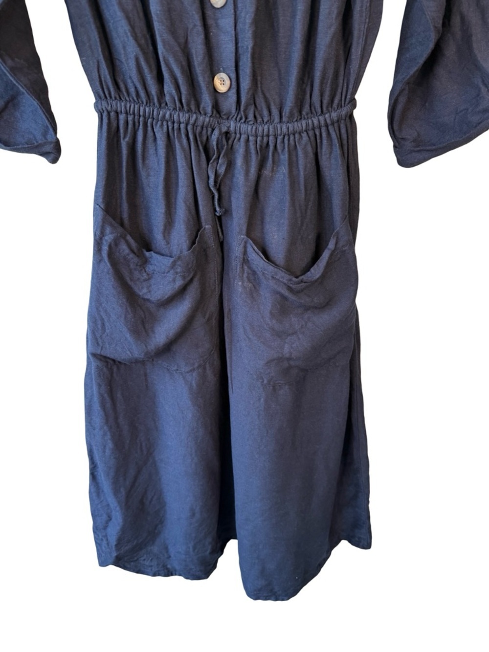 per una Navy Button-Front Midi Linen Dress with Drawstring Waist Size S or M - Picture 9 of 11